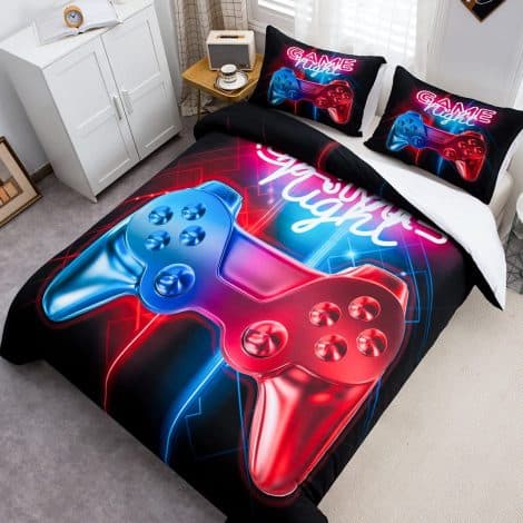 Juego de Cama Gamer con Funda Nórdica de Tema de Videojuego para Niños y Hombres. 220x240cm de impresión con controlador y botones de acción. Ropa de cama decorativa moderna.