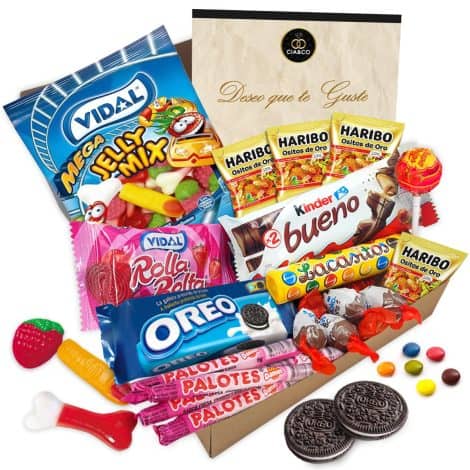 Caja Regalo Única con +20 Chocolates Kinder, Galletas Oreo, ShocoBons, Chupa Chups, y Golosinas Haribo, Palotes, Lacasitos y Más · Con Tarjeta Personalizada