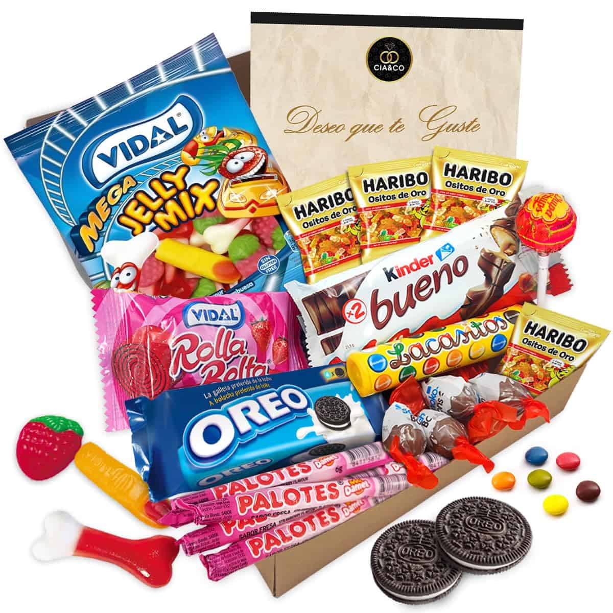 Cajita Regalo Original con +20 Chocolates Kinder, Galletas Oreo, ShocoBons, Chupa Chups, y Chuches Haribo, Palotes, Lacasitos y Más · Con Tarjeta Dedicada Personalizada