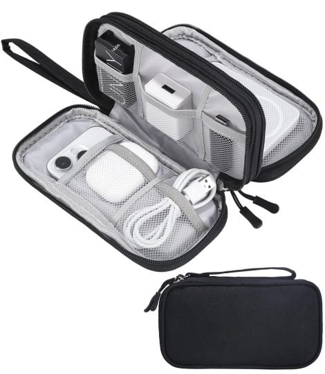 Estuche impermeable para cables y accesorios electrónicos, ideal para viajes y organización de cargadores, USB, tarjetas y adaptadores.