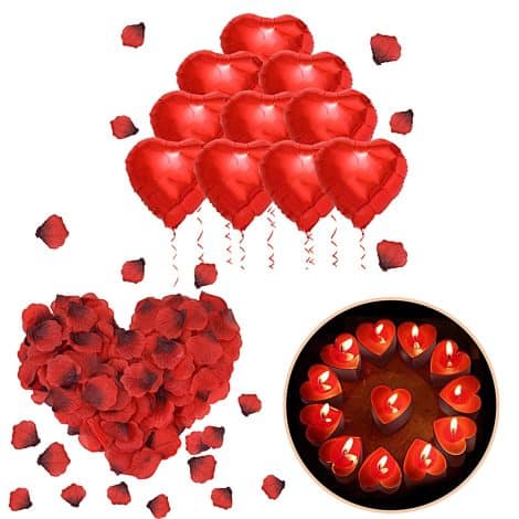 Kit de velas y pétalos románticos con 1000 pétalos de rosa, 50 velas en forma de corazón rojo y 10 globos de corazón rojo para Navidad, San Valentín, aniversarios y compromiso.