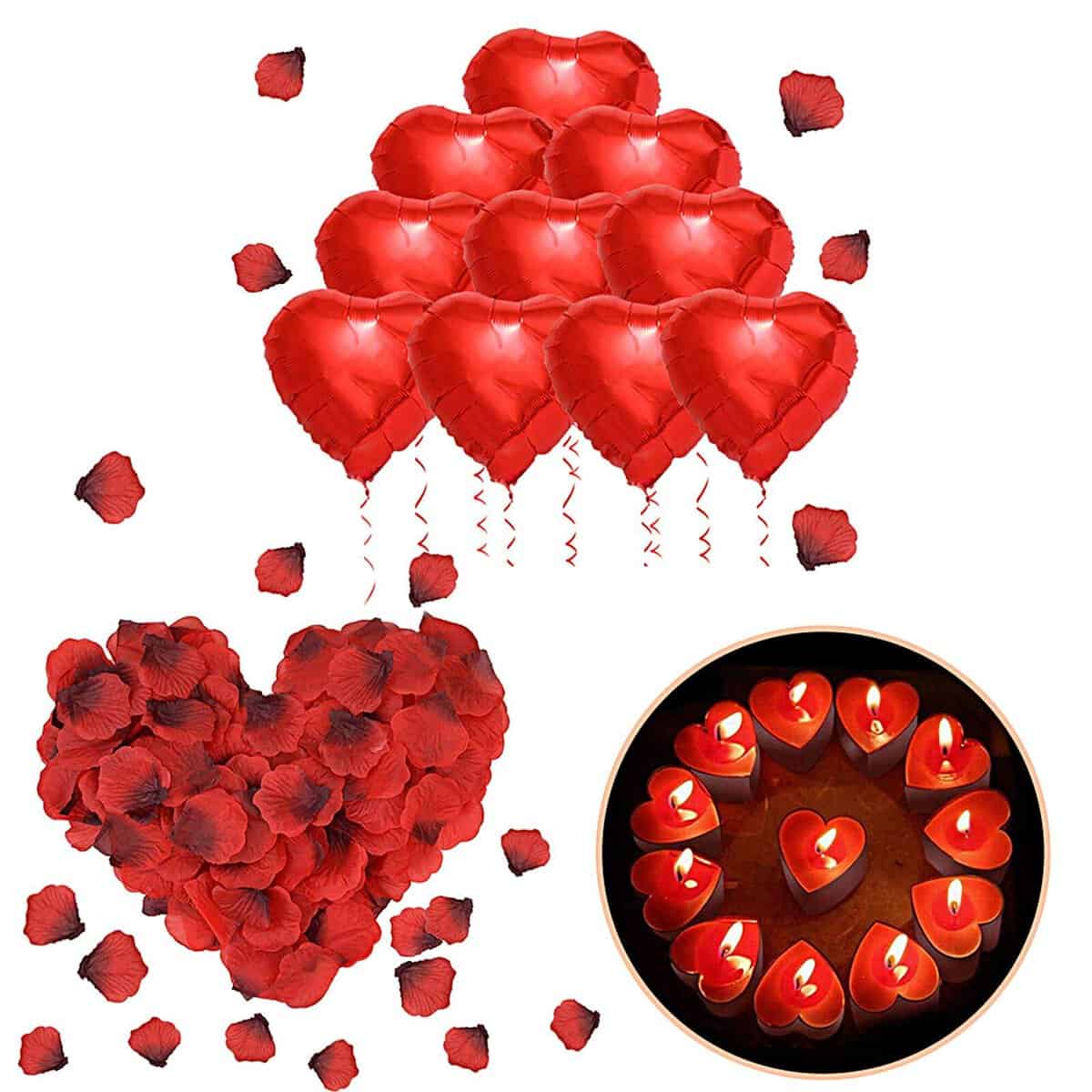 ASANMU Kit Romántico de Velas y Pétalos, 1000 Piezas Pétalos de Rosa + 50 Rojo Velas en Forma de Corazón + 10 Foil Globos Corazón Rojo Decoración para Navidad, San Valentín, Aniversarios y Compromiso