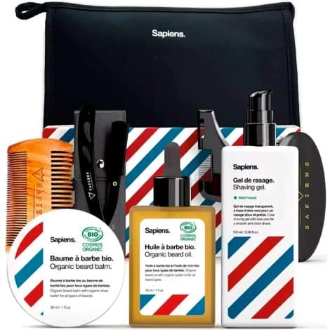 Kit para el cuidado y afeitado de la barba Sapiens – Set de regalo para hombre – Gel de afeitar natural, aceite y bálsamo barba ecológicos, navaja de afeitar, accesorios y bolsa de aseo.