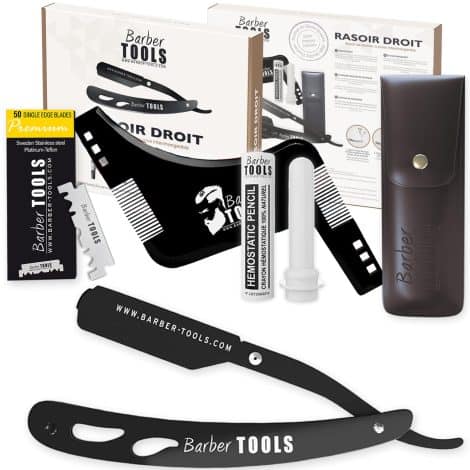 Conjunto de afeitado masculino – Maquinilla de afeitar/barbero – 50 cuchillas, paño, alumbre, estuche, peine de guía, BARBER TOOLS.