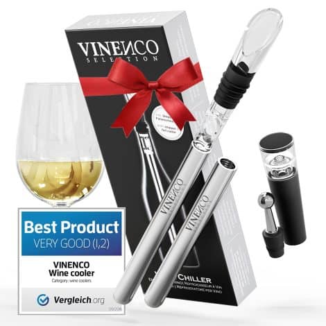 Kit refrigerador de vino blanco 3 en 1 de acero de calidad con tapón-decantador y aireador. Ideal como regalo de cumpleaños para amigos y barman.