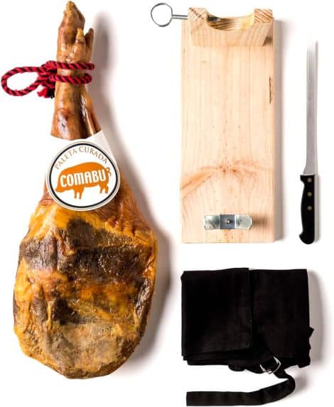 Comabu – Set con Paleta 50% Duroc, Soporte para Jamón, Cuchillo y Delantal – Perfecto para Regalar – Disfrutar en Casa – Sorprende a tus Seres Queridos.