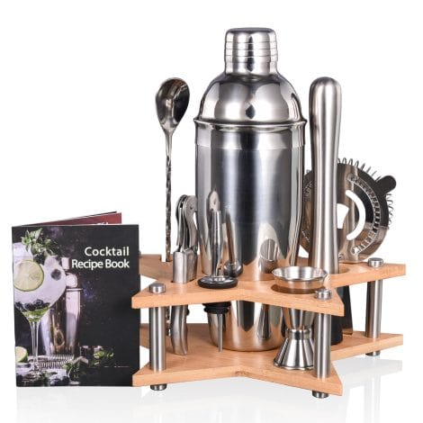 Set de 12 cocteleras Quilamix de acero inoxidable de 750 ml con soporte de bambú, ideal para bebidas mixtas. Perfecto regalo para amigos y familia, con libro de recetas.