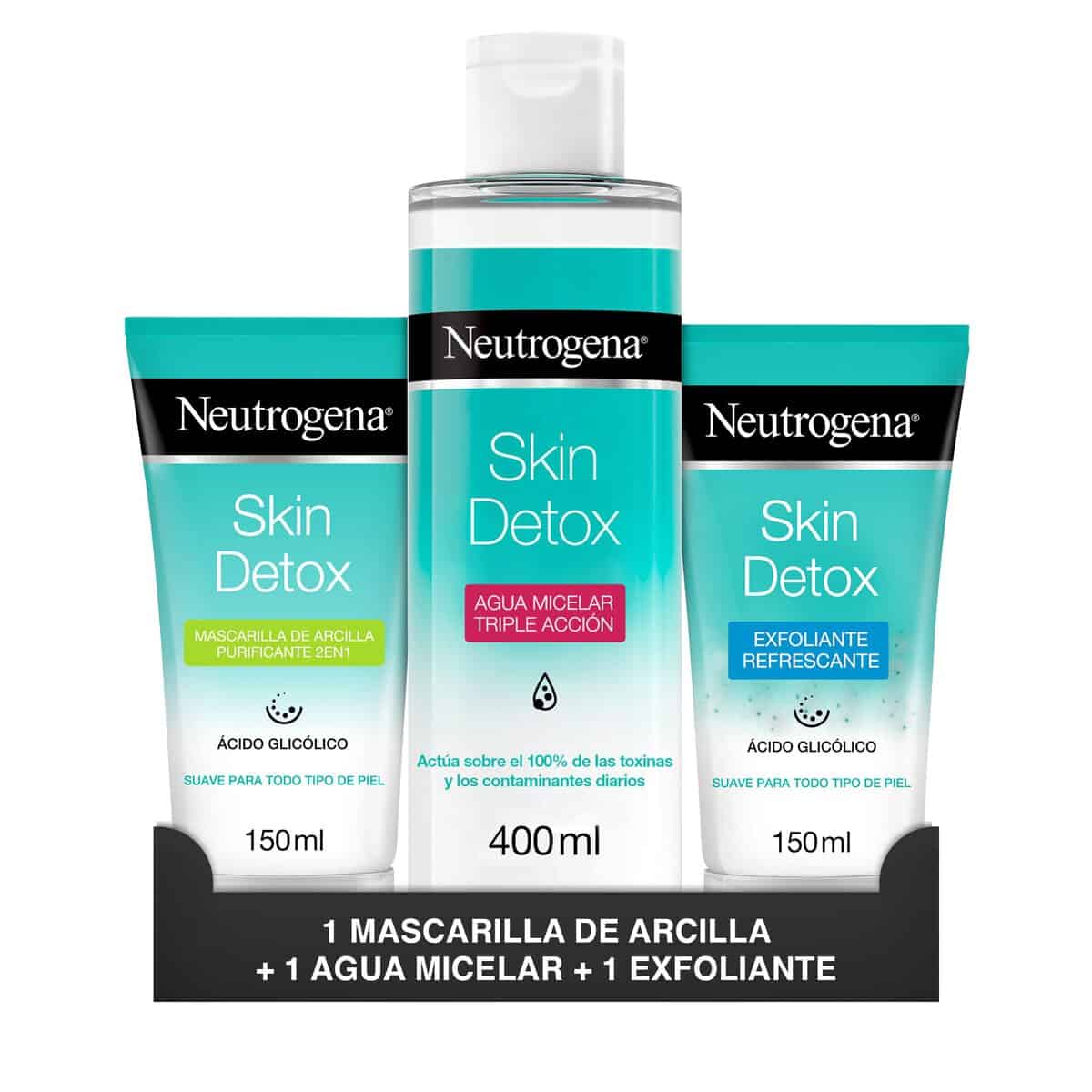 Neutrogena Skin Detox Gel Exfoliante Refrescante (150ml), Agua Micelar Triple Acción (400ml), Mascarilla de Arcilla Purificante (150ml)