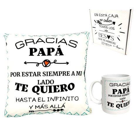 Taza y cojín personalizados para regalo del Día del Padre, perfecto para papás primerizos.