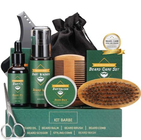 Pack de cuidado completo para barba masculina con champú, aceite, bálsamo, cepillo, peine, tijeras, bolsa de viaje y regalos ideales para papá, novio o caballero.