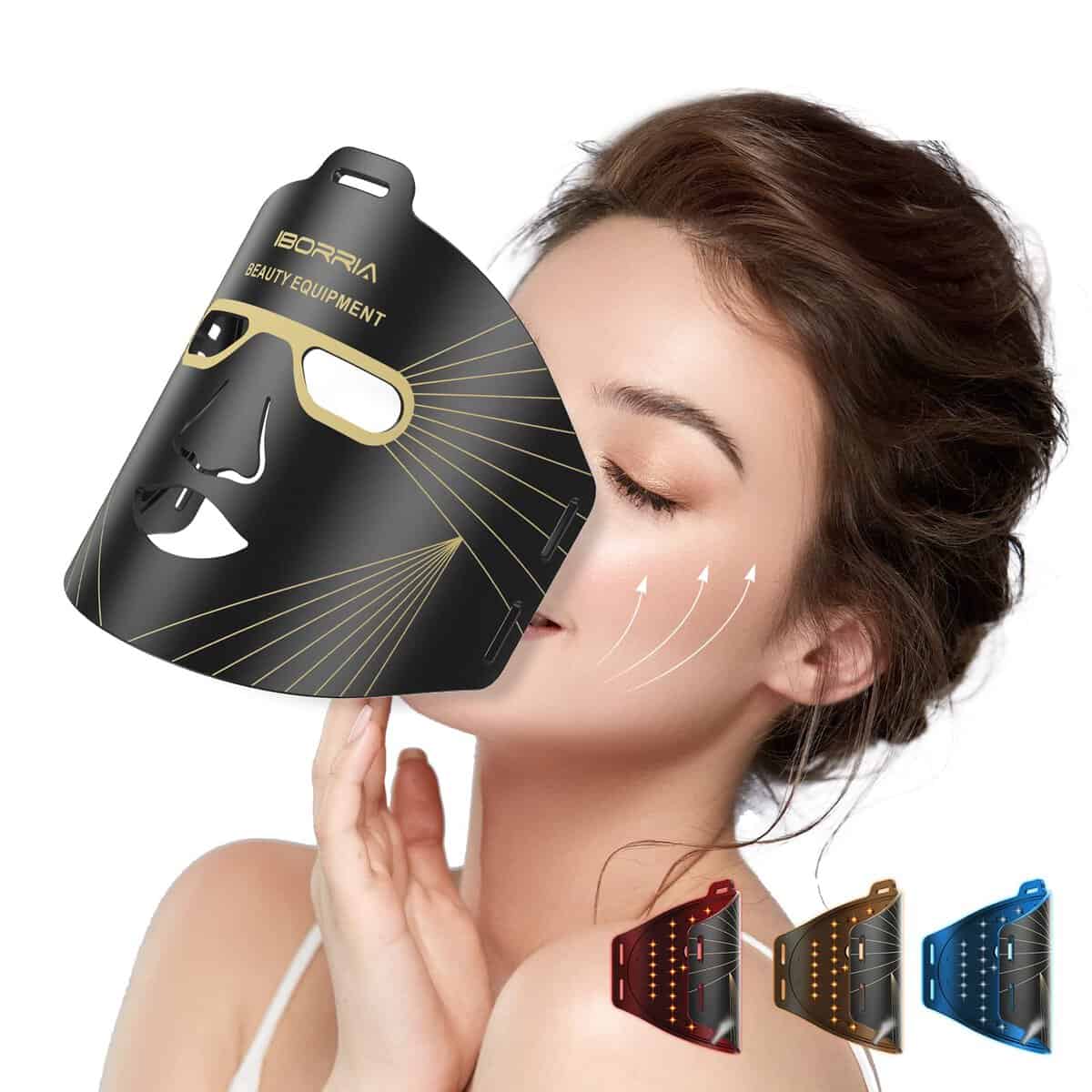 IBORRIA Máscara Facial LED con Terapia de Luz Roja para La Cara y La Piel, Mascarilla LED de 3 Colores con Luz Infrarroja Cercana, Dispositivo de Cuidado para Todo Tipo de Piel, en Casa (Negro)