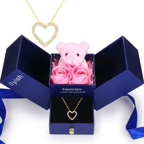 Regalo para ella: joyería de rosa eterna y oso rosado en una caja hecha a mano. Ideal para Navidad, cumpleaños, San Valentín, aniversario y Día de la Madre.