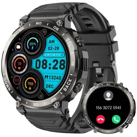 zhizhi Smartwatch para hombres con llamadas, resistente al agua, funciones deportivas y seguimiento de actividad. Compatible con iPhone y Android.