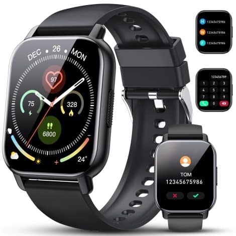 Smartwatch unisex, pantalla de 1.85”, llamadas Bluetooth, 110+ deportes, pulsómetro, sueño, resistente agua IP68, iOS/Android, negro.