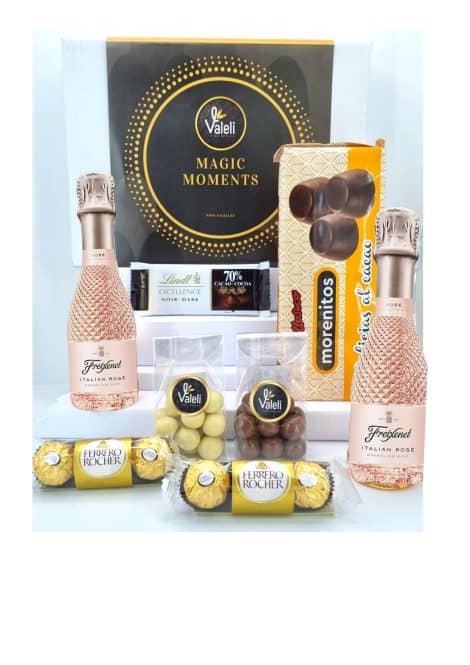 Valeli, Freixenet 2 cava mini 200ml Italiano Rosado. Caja gourmet con Ferrero Rocher, Lindt. Regalo especial para Navidad, San Valentín, Cumpleaños.