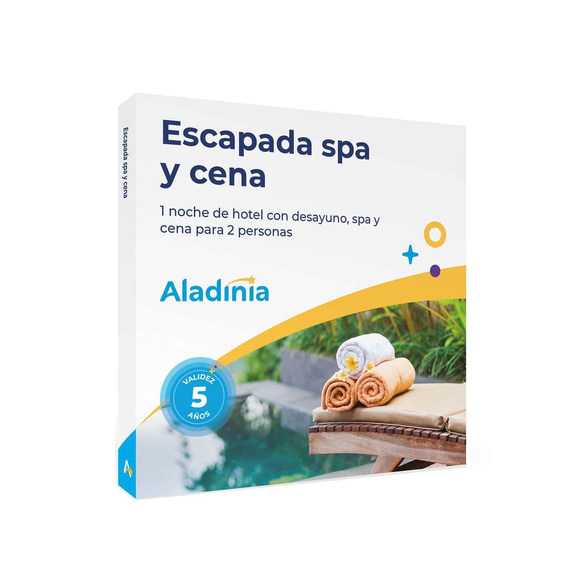 ALADINIA Escapada SPA y Cena. Pack de experiencias Originales para Regalo. Cofre Relax con Noche de Hotel, Circuito SPA y Cena. Validez 5 años, Cambios Gratis e ilimitados