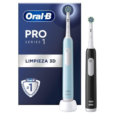 Cepillo de dientes eléctrico Oral-B Pro 1 con mango recargable, base incluida. Diseño de Braun. Regalo original para hombre y mujer. Color azul y negro.