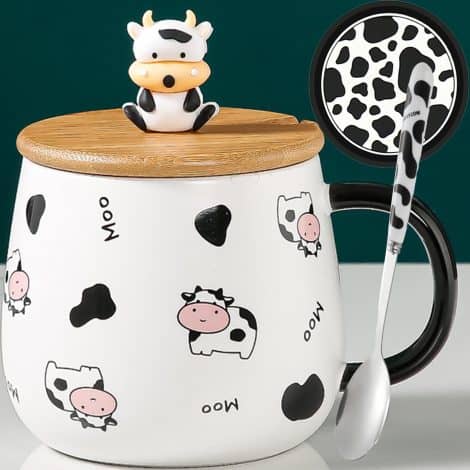 Taza de cerámica de 400 ml con tapa, diseño divertido de vaca. Ideal regalo de Navidad, cumpleaños para hombres, mujeres, novios.