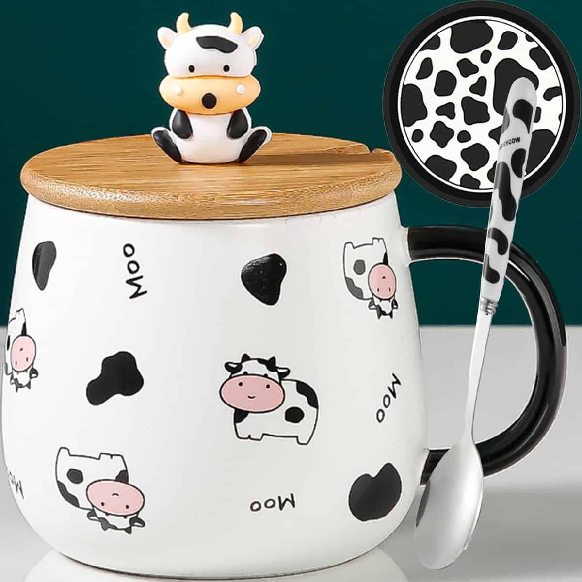 Arawat Taza de vaca con tapa regalo de vaca divertida taza de café de 400 ml taza de té de cerámica Navidad lindo vaca té taza de café tazas dulce regalo de cumpleaños para mujeres hombres novios