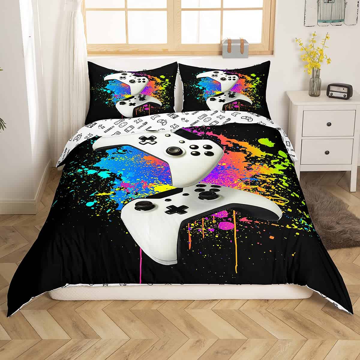 Loussiesd Juego de funda nórdica para niños y jóvenes, acuarela, graffiti, videojuego, ropa de cama de 135x200 cm, color blanco, gamepad, tinta pulverizada, cremallera, microfibra suave