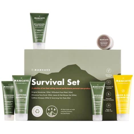 Conjunto de baño ManCave para hombre – Kit de supervivencia con 6 productos esenciales para el cuidado personal masculino: geles de ducha, champú, limpiador, exfoliante, hidratante facial y crema capilar.