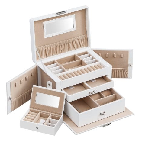 Caja para joyas SONGMICS con 2 cajones, 3 niveles de almacenamiento, mini caja portátil, asa, cerradura, regalo ideal, color blanco.