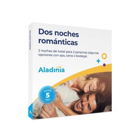 Pack de experiencias originales “ALADINIA 2 Noches Románticas”. Cofre con escapadas de 2 Noches para dos personas. Validez 5 años. Cambios y devoluciones gratuitos e ilimitados.