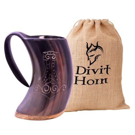 Jarra de Cuerno Vikingo Divit Auténtico – Capacidad de 24 oz (1L Mjolnir Grande, Pulida)