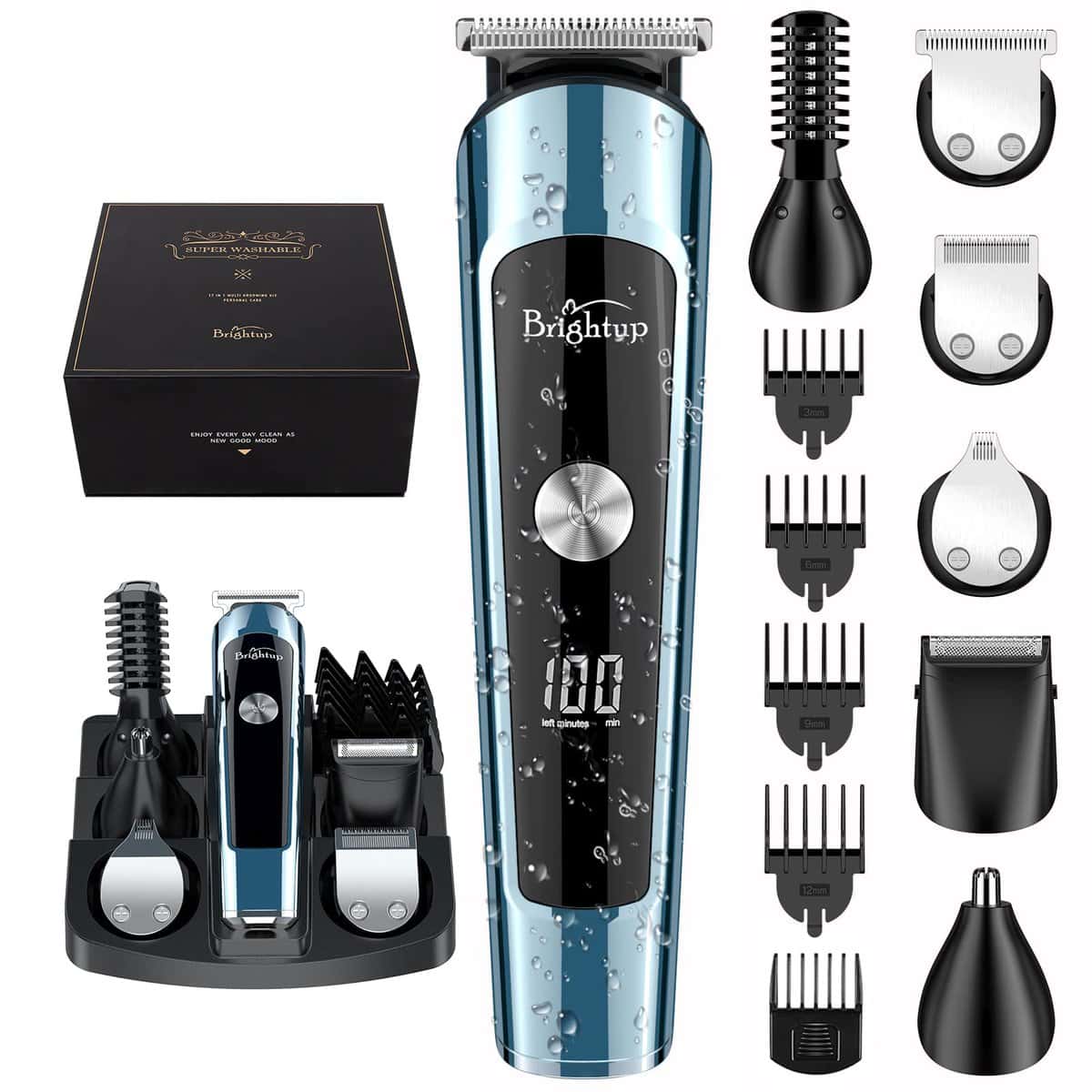 Brightup Recortadora de barba cortapelos mejorada cortapelos para hombres inalámbrico lavable bigote nariz corte facial afeitadora eléctrica todo en 1 kit de aseo recargable por USB y pantalla LED