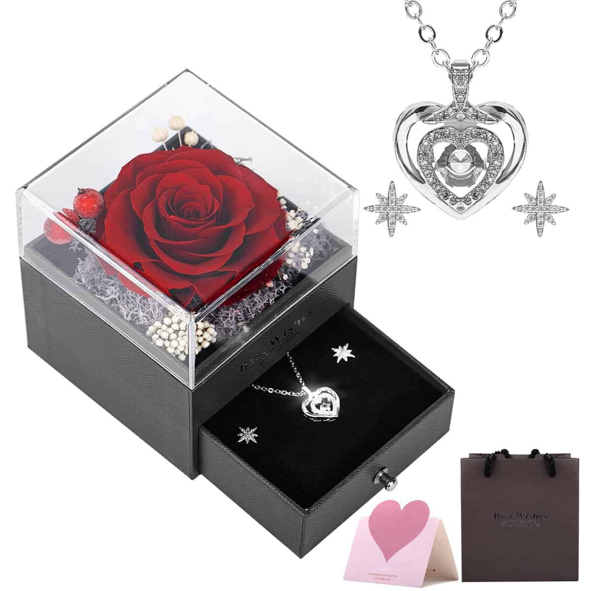 Rosa Eterna, Caja de Regalo Rosa con Collar y Pendientes, Rosa preservada Regalo Mujer Madre, Regalos Originales para Novia Madre Aniversario San Valentin Dia de la Madre Navidad