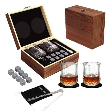 Juego de regalo de piedras de whisky/cubitos de hielo reutilizables con 2 vasos y estuche artesanal. Perfecto para regalar a él, padrino o boda.