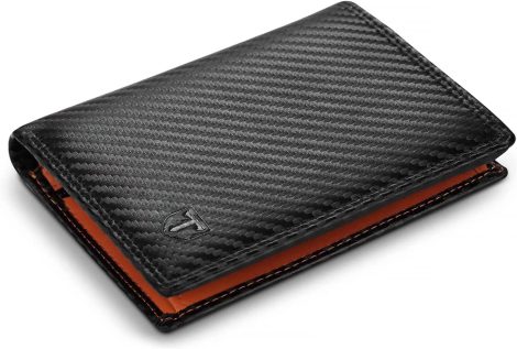 Cartera de hombre TEEHON, vertical de cuero de fibra de carbono con protección RIFD, 13 tarjeteros, cremallera, regalo de Navidad y cumpleaños. (Negro y naranja)