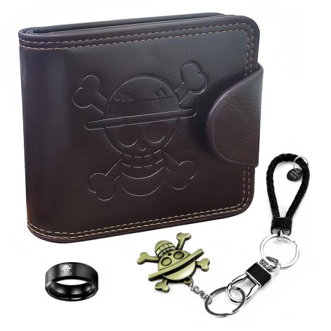 Billetera de cuero One Piece con Llavero Luffy y Anillo de Calavera, ideal para regalos de cumpleaños y Navidad.