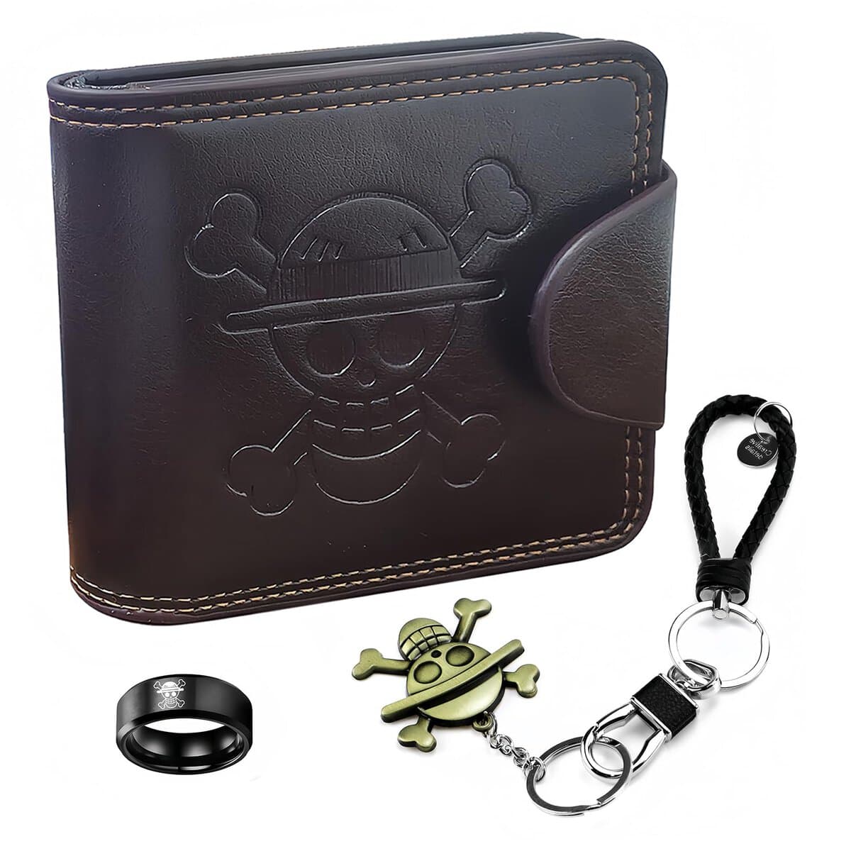 Tyzourib Billetera de Cuero Cartera de Anime con Llavero One Piece Luffy y Anillo de Calavera Monedero One Piece Regalo de Cumpleaños Navideños para Fanáticos del Anime Adolescentes Niños Hombres