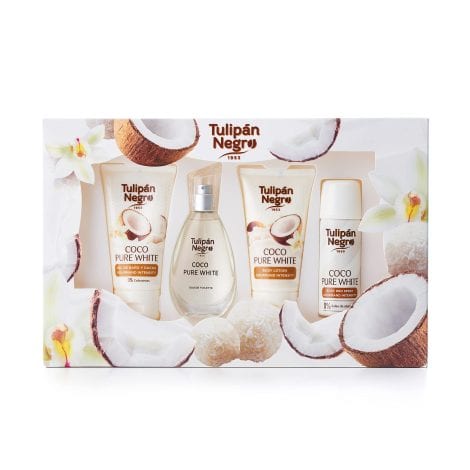 SET DE REGALO TULIPÁN NEGRO: Coco puro líquido blanco, ideal para consumidor español. (12 words)