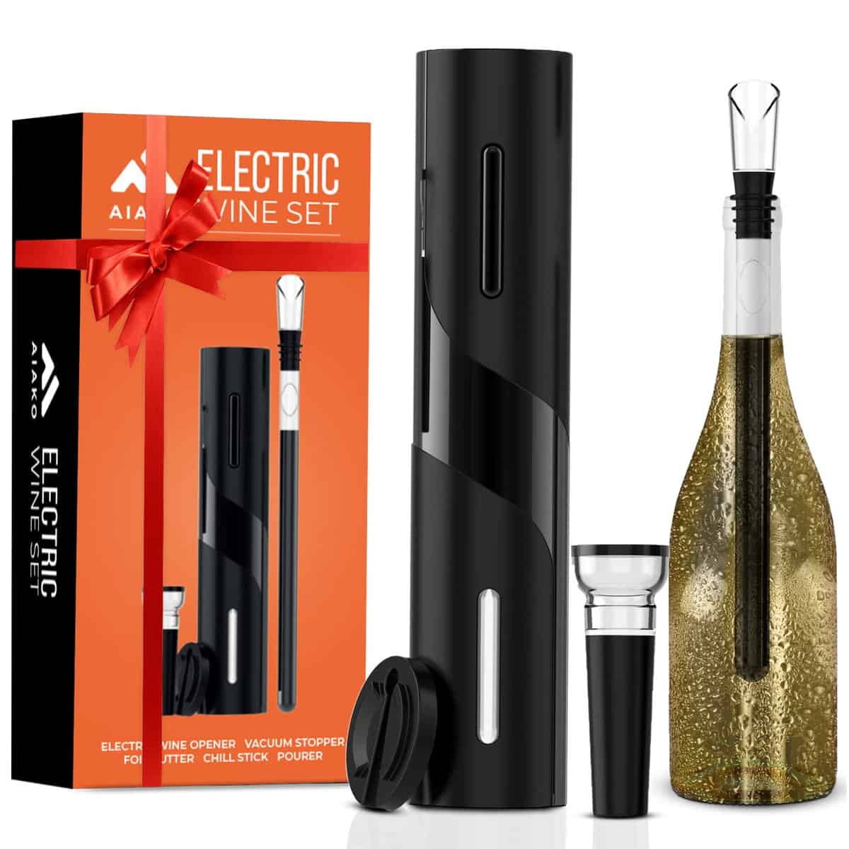 AIAKO® Sacacorchos Eléctrico Portatil con Enfriador de Botellas de Vino kit 6 en 1 : Abridor de vino electrico - Kit abridor de vino- Sacacorchos electrico vino - Regalos Originales para hombre