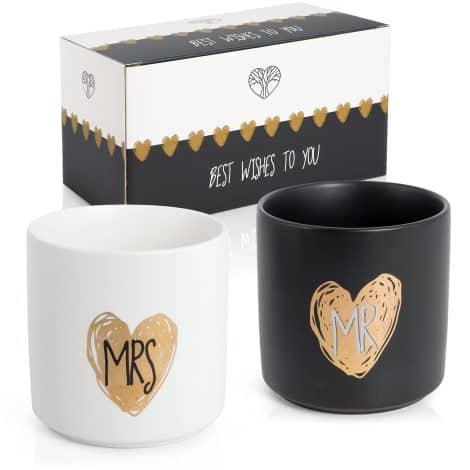 Set de 2 tazas Wedding Tree – tazas para parejas con grabado «Sr. y Sra.» – ideal para compromisos, bodas, cumpleaños y aniversarios – moderno regalo matrimonial.