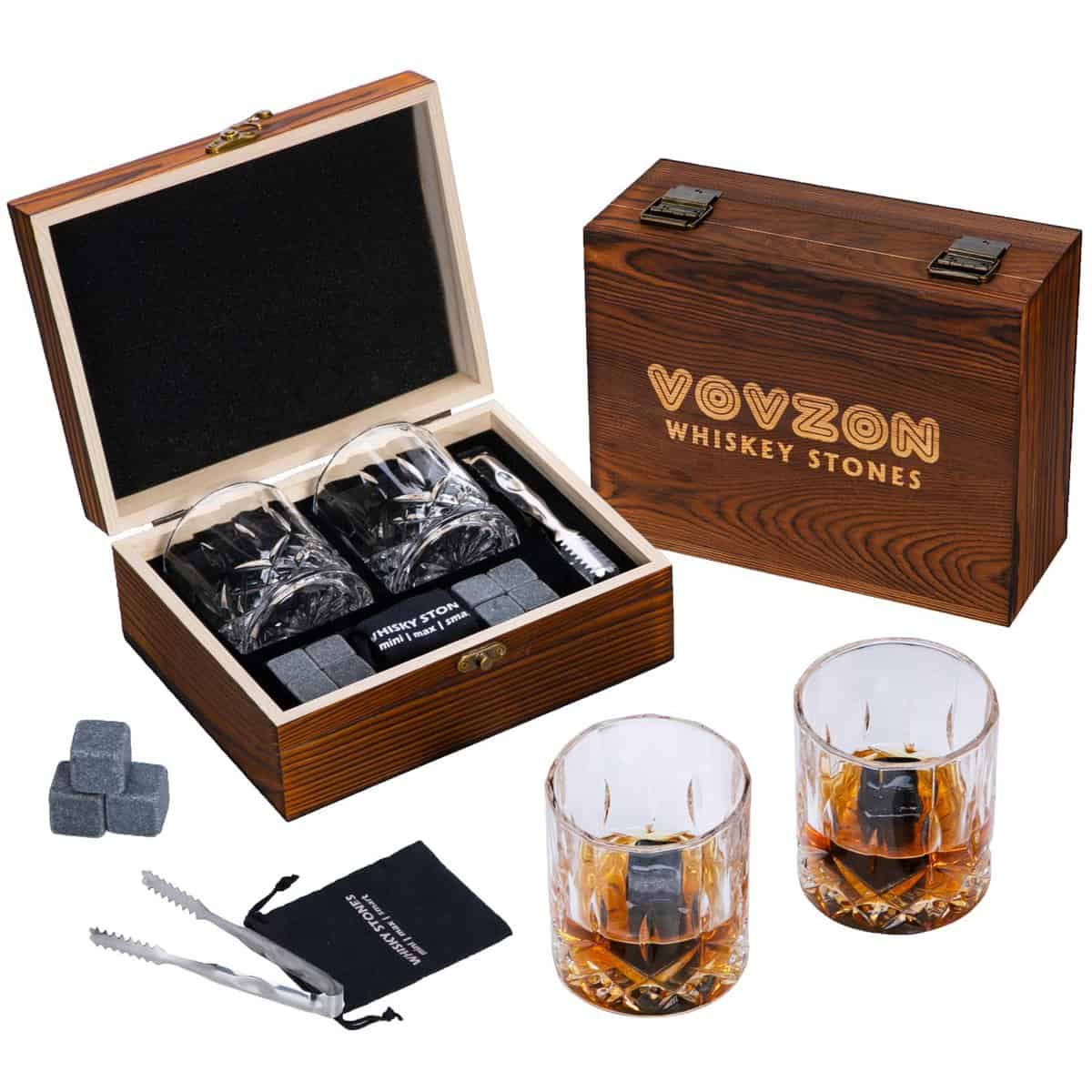 Juego de piedras de whisky y vasos de regalo para hombre, 8 piedras de whisky whisky whisky whisky whisky whisky whisky, 2 vasos de whisky en caja de madera