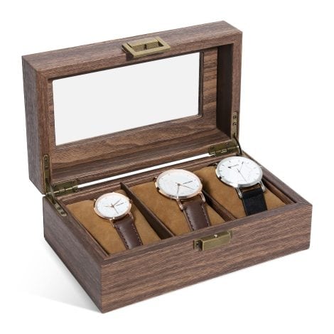 Caja de madera para relojes con 3 compartimentos, cojín extraíble, cierre metálico. Ideal para regalo.