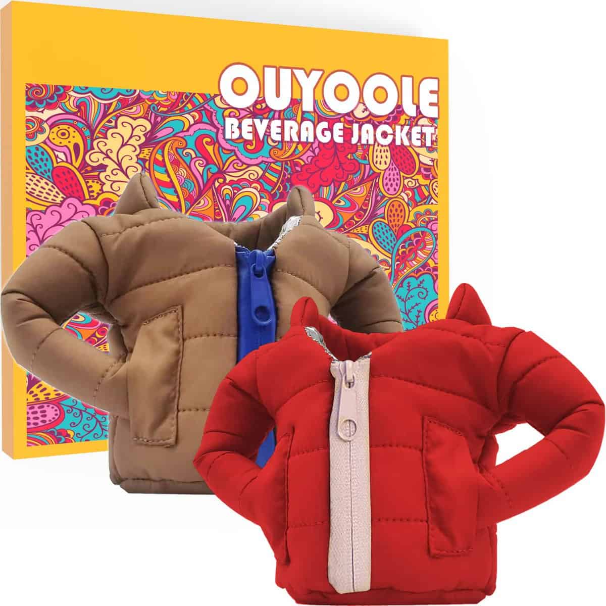 Chaqueta de cerveza, paquete de 2 chaquetas de bebida para latas, OUYOOLE divertida funda para regalos para mujeres, hombres, mamá, papá y novio (marrón+rojo)