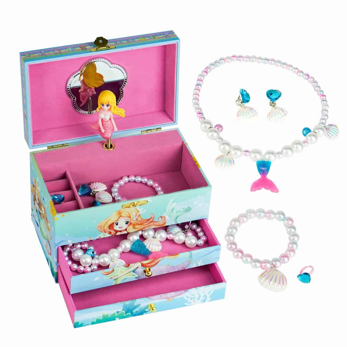 AdelDream Caja de música para niñas pequeñas caja de joyas para hija y mujer amiga regalo de cumpleaños regalo de cumpleaños (tres capas de sirena verde,Juego de cinco piezas de joyería)