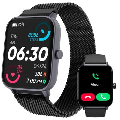 TOOBUR Smartwatch unisex con Alexa, pantalla de 1.8″, 100 deportes, llamadas, podómetro y pulsómetro, IP68, compatible iOS/Android, MetalNegro.