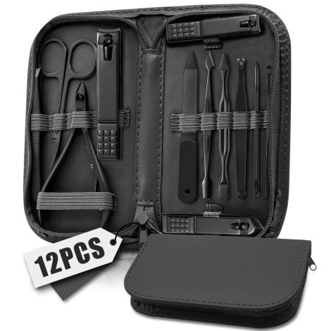 Set de manicura profesional de 12 piezas para mujeres y hombres, con accesorios y una elegante bolsa de viaje en cuero negro.