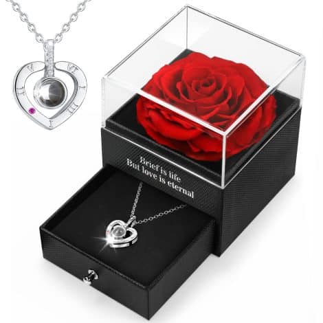 Rosa Eterna Natural Preservada HEGUD con Collar, Regalo Original para Mujer, Novia, Mamá. Ideal para San Valentín, Aniversario, Día de la Madre, Bodas, Cumpleaños, Navidad.