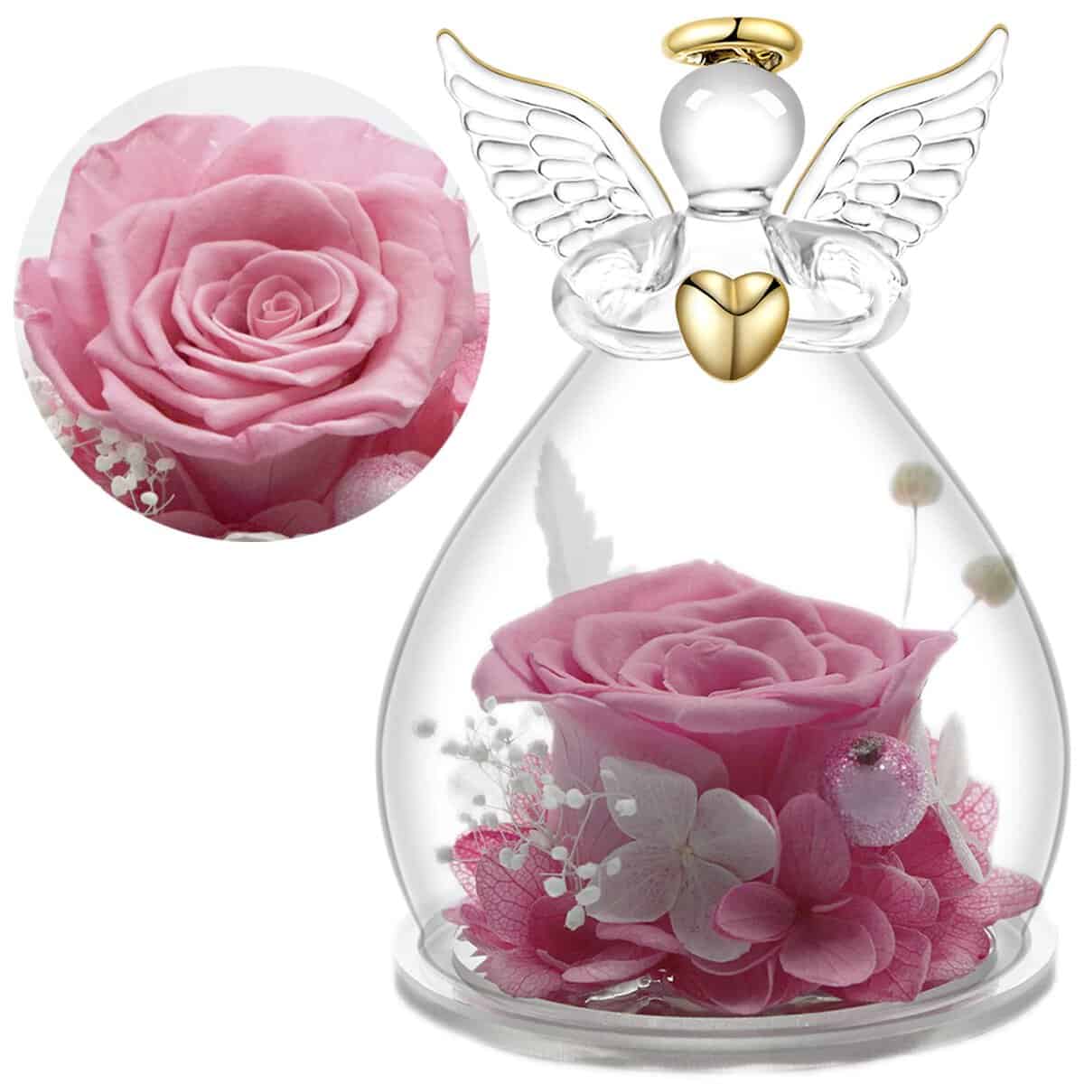 Yamonic Rosa Eterna con Ángel, Regalo Abuela, Flores Eternas con Figura Ángel,Regalos para Mama, Regalo Cumpleaños Mujer, Rosa Verdadera con Ángel, San Valentin Regalos Mujer,Rosa