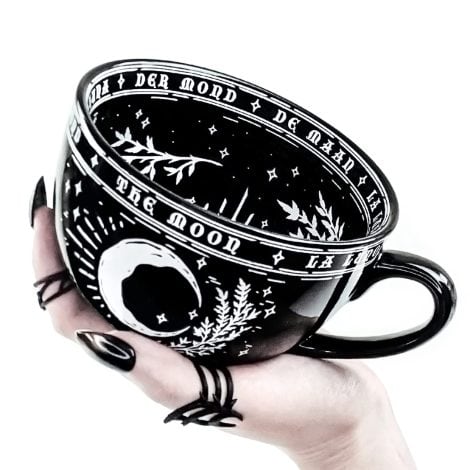 Rogue + Wolf Luna Negra – Taza grande de café con diseño lunar, ideal para regalar en Halloween, brujería y tarot.