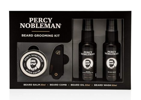 Kit completo para el cuidado de la barba Percy Nobleman. 
Incluye aceite, jabón, bálsamo y peine. ¡El regalo perfecto para hombre!