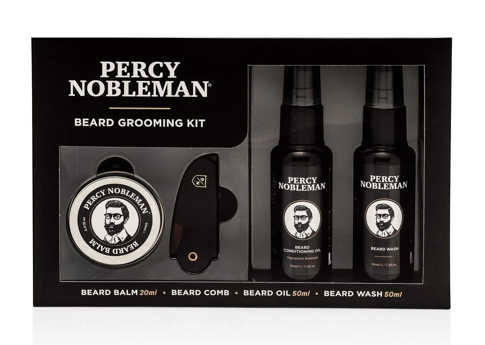 Percy Nobleman Kit de Cuidado para Barba. Un Set de Regalo para Hombres que Contiene un Aceite para Barba con Fragancia Exclusiva, Jabón para Barba, Bálsamo para Barba y Peine para Barba