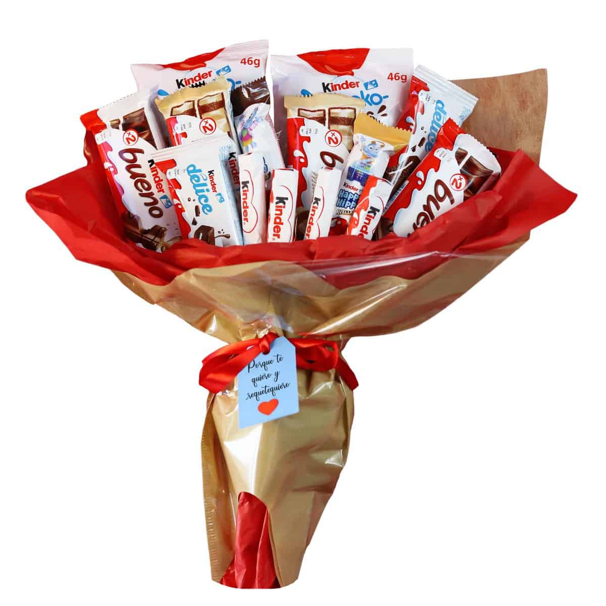 Onza. Regalo Original de Kinder Bueno. Ramo dulce relleno con un surtido de chocolatinas Kinder para regalar por Cumpleaños, para Pareja. Lote de Kinder, Schokobons, Happy Hippo, Delice.