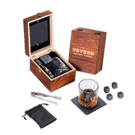 Set de Regalo de Whisky con Piedras y Vaso de Cristal, 4 Piedras de Whisky Frías + Vaso de Roca + Posavasos de Pizarra para Whisky, Whisky escocés y bourbon.